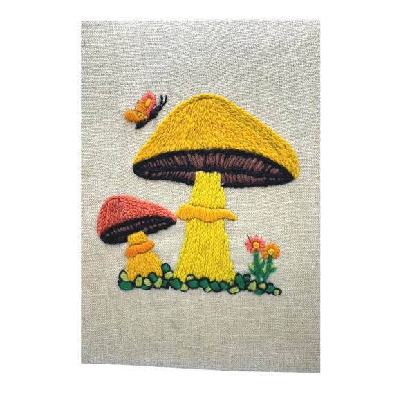 Other - Vintage Mushroom Crewel Embroidery Wall Art 8x10 Handmade Toadstool Butterfly 70